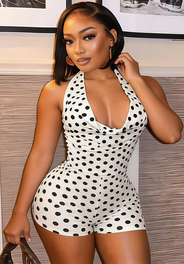 Summer Women's Polka Dot Halter Neck Low Back Bodycon Jumpsuit