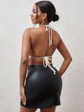 Summer Women's Halter Neck Lace-Up Low Back Sleeveless Corduroy Crop Tank Top