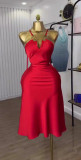 Summer Women's Fashion V-Neck Sleeveless Strap Slim Waist Dress