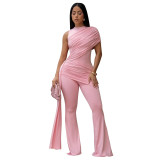 Summer Women's Round Neck One-Shoulder Ruched Ribbon  Jumpsuit