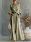 Spring Summer Women's Elegant Slim Waist Slash Shoulder Top and Pants Two-Piece Set