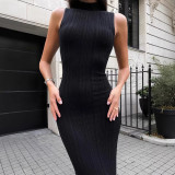 Spring Summer Women's Solid Color Turtleneck Sleeveless Slim Waist Bodycon Long Dress