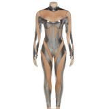 Summer Women's Patchwork Mesh See-Through High-Waist Zip-Up Bodycon Jumpsuit