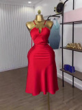 Summer Women's Fashion V-Neck Sleeveless Strap Slim Waist Dress