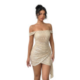 Women's Chic Off-Shoulder Sequin Solid Color Bodycon Evening Mini Dress