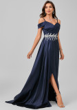 Women's Rhinestone Waist Trim Slit Strap Evening Gown