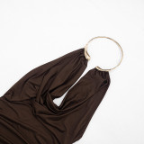 Summer Women's Solid Color Sleeveless Metal Ring Halter Cowl Neck Bodycon Dress
