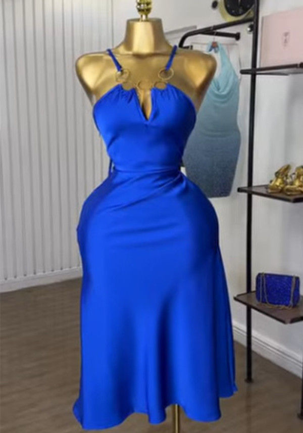 Summer Women's Fashion V-Neck Sleeveless Strap Slim Waist Dress