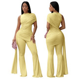 Summer Women's Round Neck One-Shoulder Ruched Ribbon  Jumpsuit