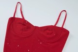 Women's Red Sequin Strap Ruffle Bodycon Party Mini Dress