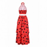 Women's Polka Dot Halter Neck Low Back Crop Top and Slim Waist Cascading Ruffle Long Skirt Set