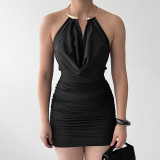 Summer Women's Solid Color Sleeveless Metal Ring Halter Cowl Neck Bodycon Dress