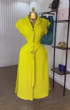 Women's Solid Color Turndown Collar Belted Button-Front Shirt Midi Dress