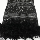 Women's Formal Party Strapless Beaded Feather Bodycon Evening Gown with Scarf Collar
