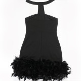 Women's Formal Party Strapless Beaded Feather Bodycon Evening Gown with Scarf Collar