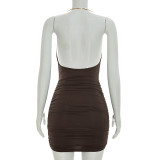 Summer Women's Solid Color Sleeveless Metal Ring Halter Cowl Neck Bodycon Dress