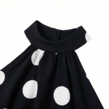 Women's Polka Dot Halter Neck Low Back Crop Top and Slim Waist Cascading Ruffle Long Skirt Set