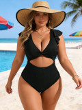 Plus Size Women's Ruffle Edge Waist Cutout One-Piece Swimsuit