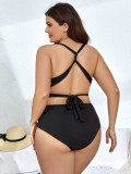 Plus Size Women's Ribbed Back Cutout Crisscross Tie Two-Piece Bikini Swimsuit