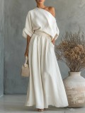 Spring Summer Women's Elegant Slim Waist Slash Shoulder Top and Pants Two-Piece Set