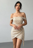 Women's Chic Off-Shoulder Sequin Solid Color Bodycon Evening Mini Dress