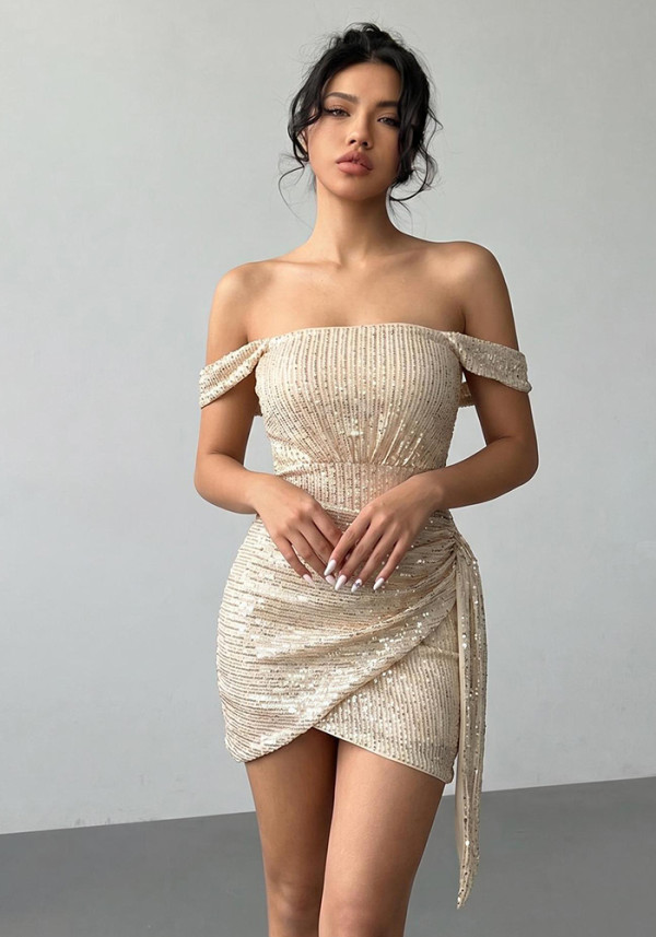 Women's Chic Off-Shoulder Sequin Solid Color Bodycon Evening Mini Dress