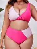 Plus Size Women's V-Neck Colorblock High-Waist Two-Piece Bikini Swimsuit