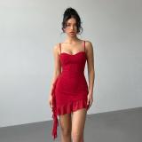 Women's Red Sequin Strap Ruffle Bodycon Party Mini Dress