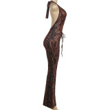 Spring Women's Deep V-Neck Lace-Up Low Back Halter Flared Leg Jumpsuit