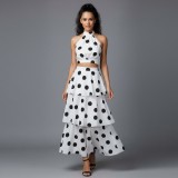 Women's Polka Dot Halter Neck Low Back Crop Top and Slim Waist Cascading Ruffle Long Skirt Set