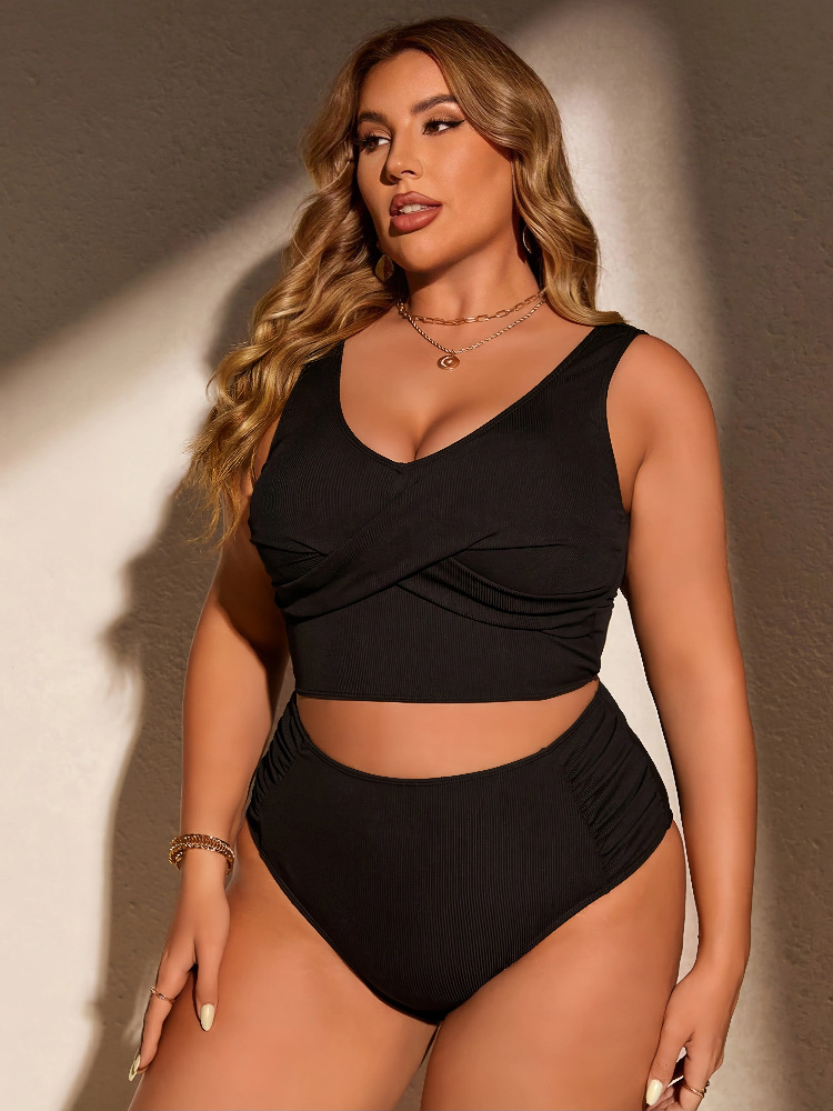 Plus Size Solid High-Waist Two-Piece Tankini Swimsuit