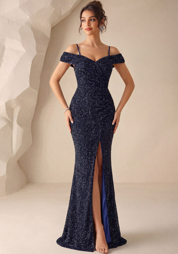 Women's Off-Shoulder High Slit Strap Evening Gown