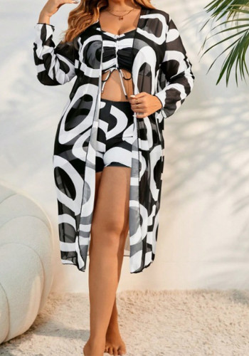 Plus Size Women's High-Waist Square Leg Two-Piece Bikini with Long Sleeve Drawstring Cover-Up