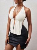 Summer Women's Halter Neck Lace-Up Low Back Sleeveless Corduroy Crop Tank Top