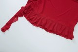 Women's Red Sequin Strap Ruffle Bodycon Party Mini Dress
