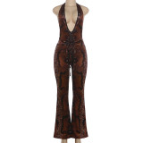 Spring Women's Deep V-Neck Lace-Up Low Back Halter Flared Leg Jumpsuit