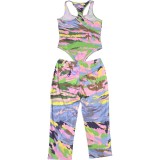 Summer Women's Colorblock Bodycon Bodysuit and Cropped Pants Set