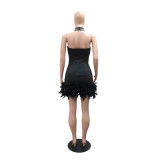 Women's Formal Party Strapless Beaded Feather Bodycon Evening Gown with Scarf Collar