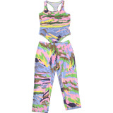 Summer Women's Colorblock Bodycon Bodysuit and Cropped Pants Set