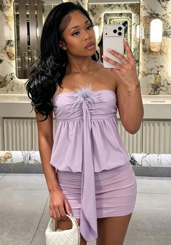Women's Fashion Strapless Low Back Lace-Up Feather Patchwork Bodycon Dress