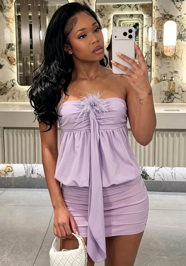 Women's Fashion Strapless Low Back Lace-Up Feather Patchwork Bodycon Dress