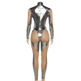 Summer Women's Patchwork Mesh See-Through High-Waist Zip-Up Bodycon Jumpsuit