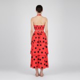 Women's Polka Dot Halter Neck Low Back Crop Top and Slim Waist Cascading Ruffle Long Skirt Set