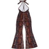 Spring Women's Deep V-Neck Lace-Up Low Back Halter Flared Leg Jumpsuit