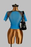 Women's Summer See-Through Printed Seamless Long Sleeve Top