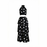 Women's Polka Dot Halter Neck Low Back Crop Top and Slim Waist Cascading Ruffle Long Skirt Set