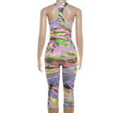 Summer Women's Colorblock Bodycon Bodysuit and Cropped Pants Set
