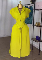 Women's Solid Color Turndown Collar Belted Button-Front Shirt Midi Dress