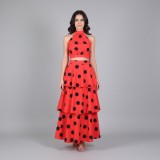 Women's Polka Dot Halter Neck Low Back Crop Top and Slim Waist Cascading Ruffle Long Skirt Set