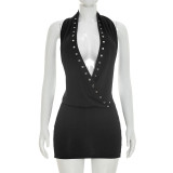 Summer Women's Halter Cowl Neck Tie-Up Top and Bodycon Skirt Two-Piece Set